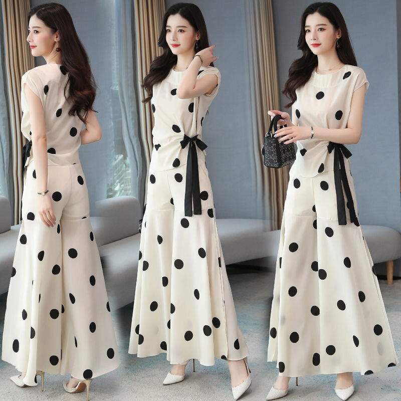 Women's Suit Chiffon Wide Leg Pants Skirt Suit Polka Dot Top For Women Sport