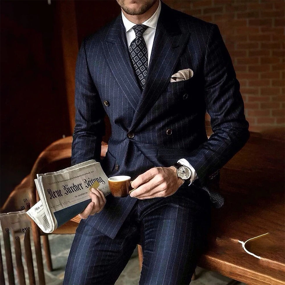 Thumbnail: Navy Blue Striped Men Suits Fashion Peak Lapel Double Breasted Male Blazer with