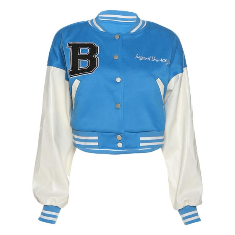 Thumbnail: 2021 Winter Long Sleeve Woman Baseball Faux Leather Y2K Varsity Bomber Crop Wom