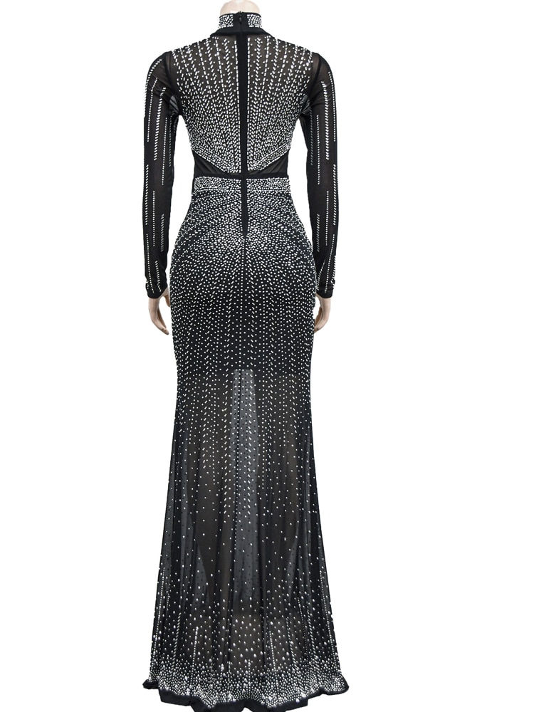 Thumbnail: Kricesseen Cute Blue Rhinestones Mesh Patchwork Sheer Maxi Dress Women New Long