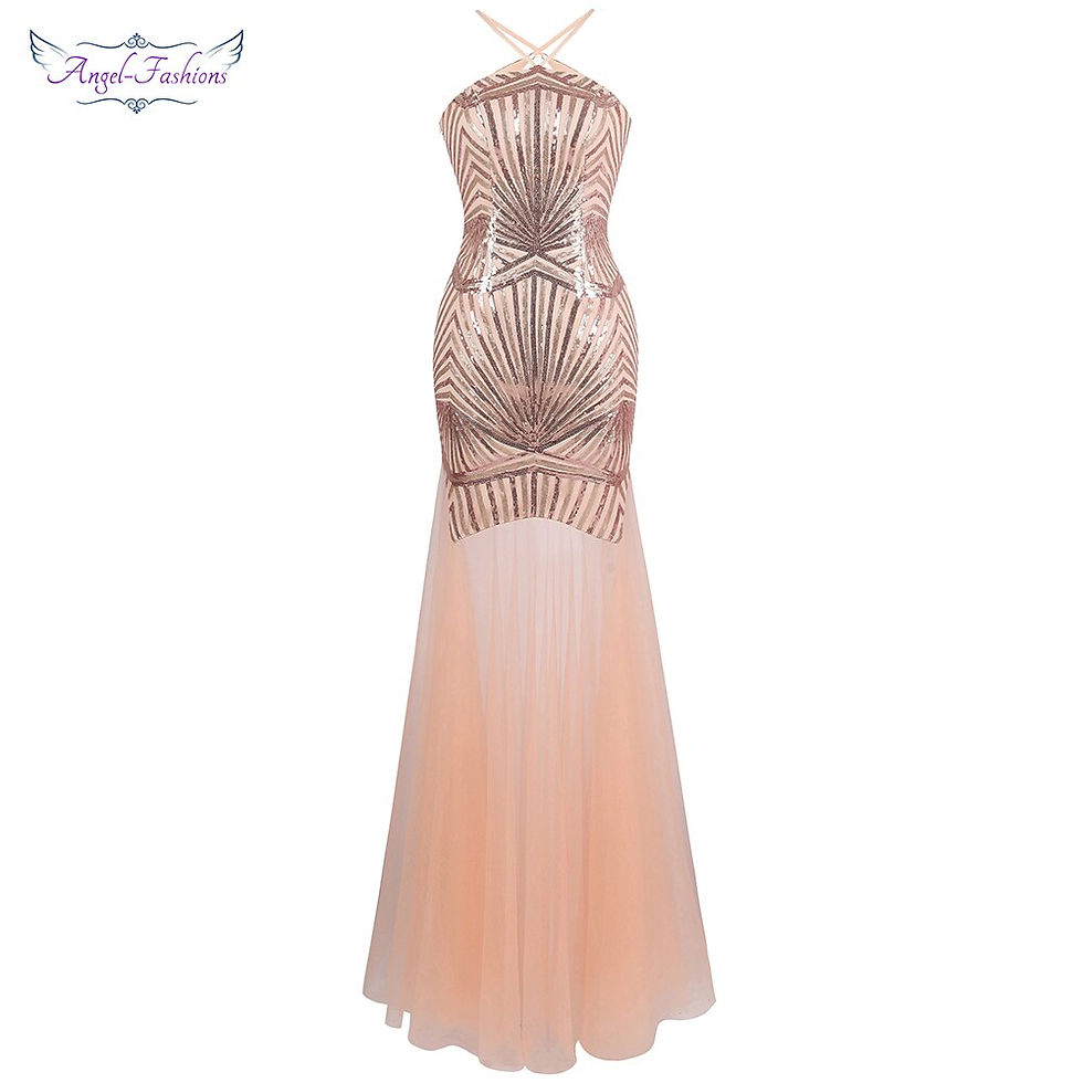 Thumbnail: Angel-fashions Women's Evening Dress Halter Luxury Sequin Pattern Illusion