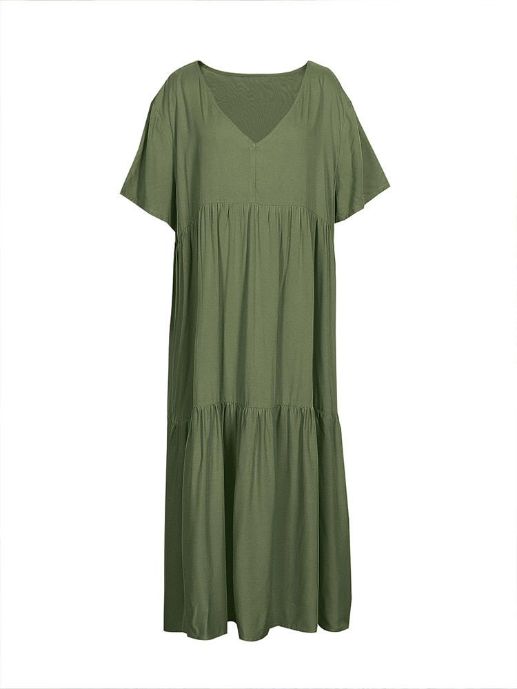 Thumbnail: Plus Size Dress Women 2023 Summer V-Neck Short Sleeve Pleated Solid Color Casua