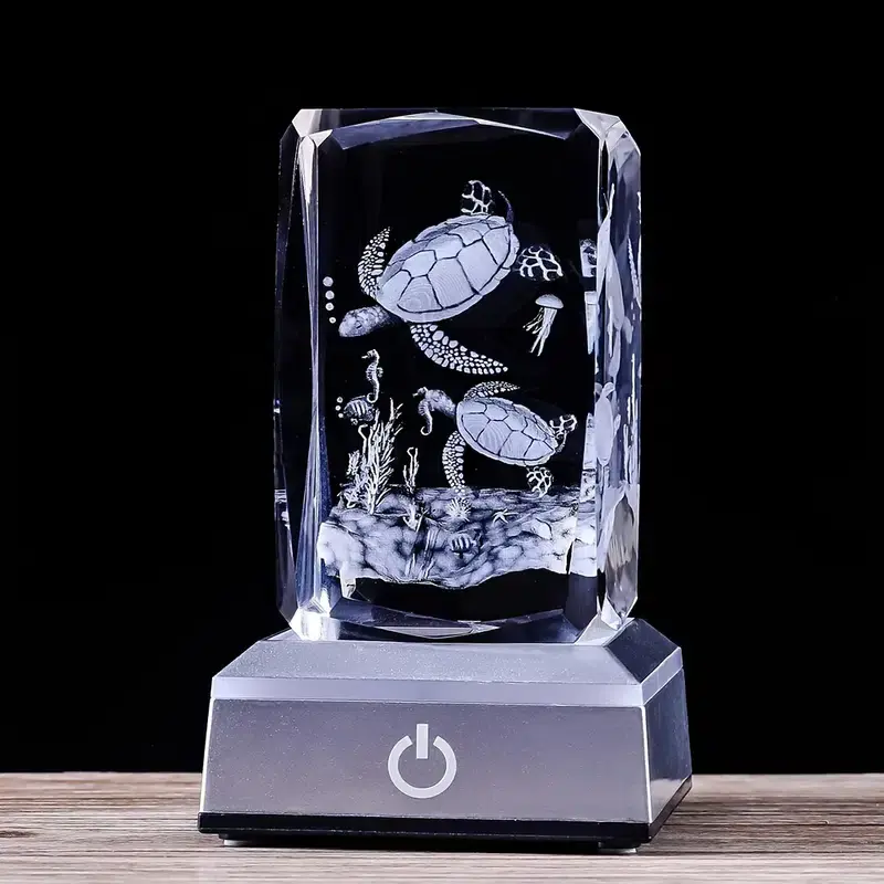Miniatúra: HMTX 1pc 3D Turtle Crystal Statue With LED Base, 3.15*1.97*1.97in, Night Light