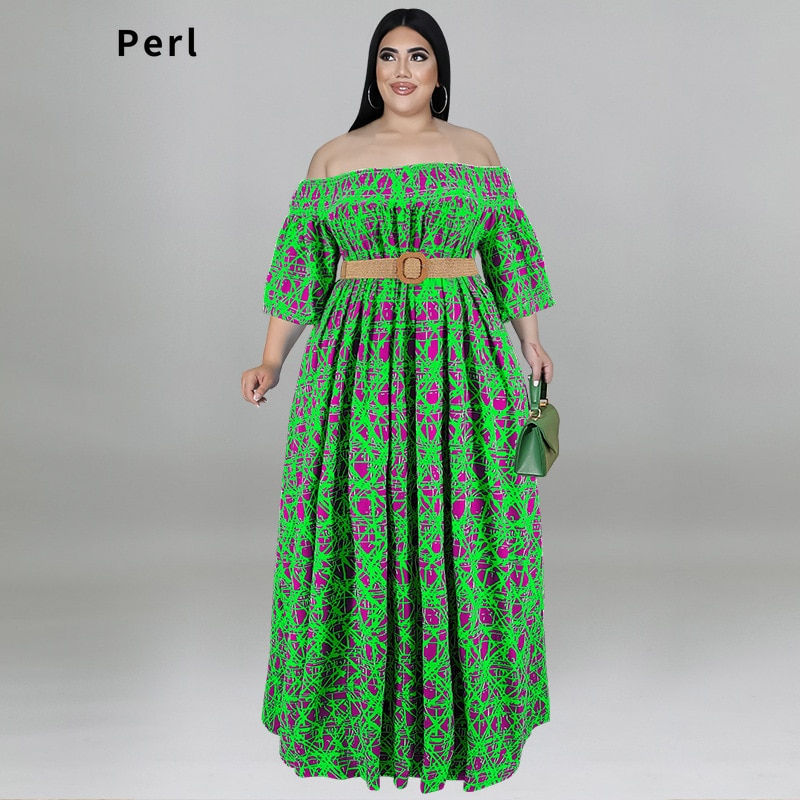 Küçük resim: Perl Off The Shoulder Plus Size Long Dress with Belt Casual Boho Holiday Dresse