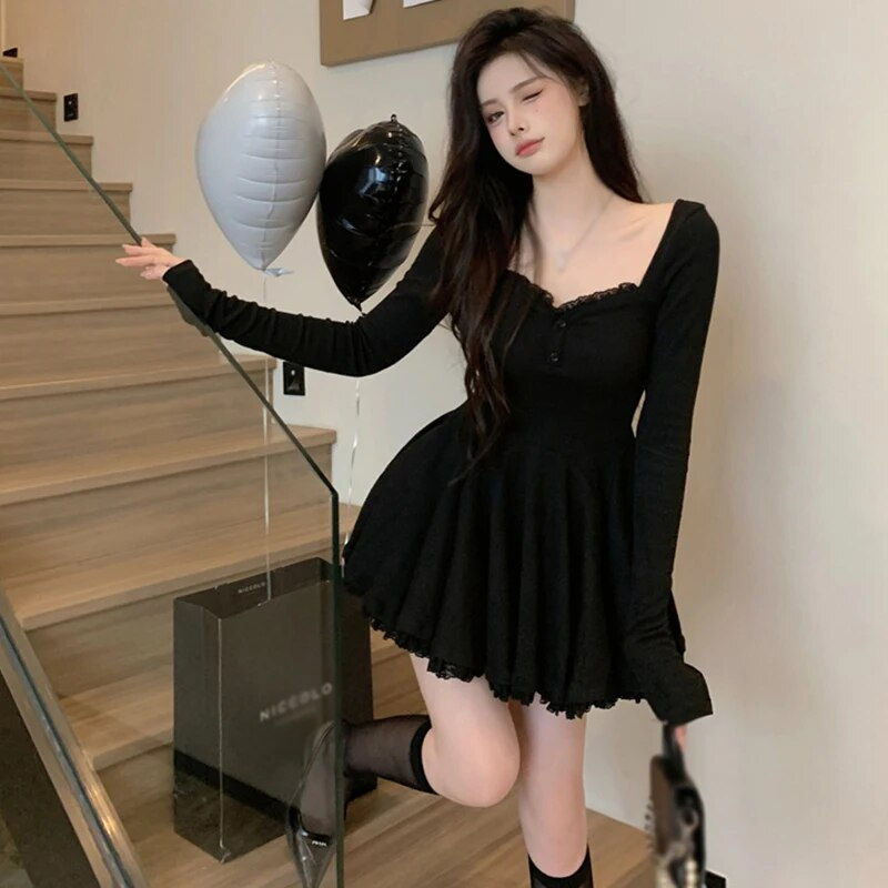 Thumbnail: Korean Dress Short French Style Long Sleeve Collarbone Exposed Square Collar