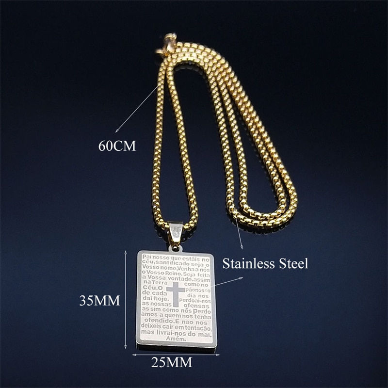 Thumbnail: Chrisitian Cross Bible Verse Prayer Necklace Stainless Steel Portuguese Religio