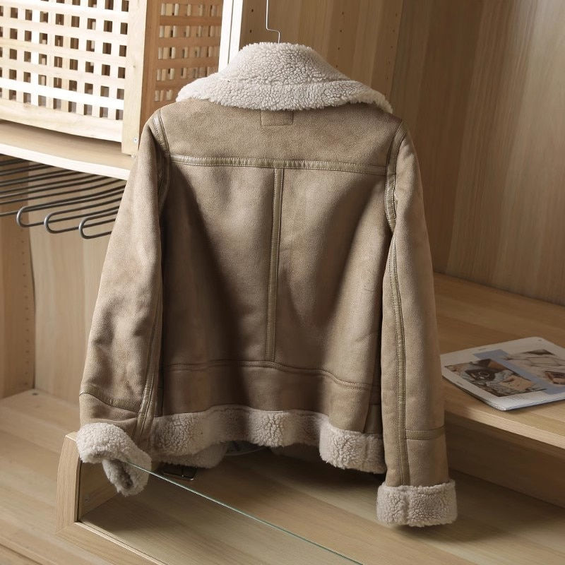 Thumbnail: Winter Women Thick Warm Suede Lamb Jacket Short Motorcycle Brown Coats Faux She