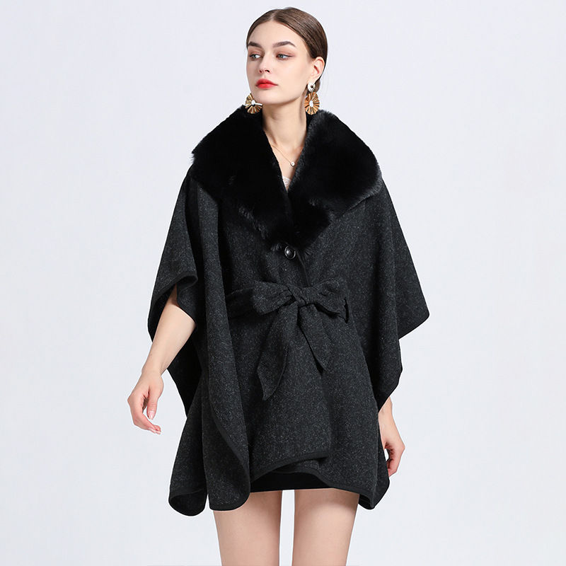 Thumbnail: Faux Rex Rabbit Fur Collar Knit Shawl Cape