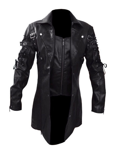 Thumbnail: New Steampunk Men's Gothic Trench Coat Leather Jacket Punk Style Biker Jacket A