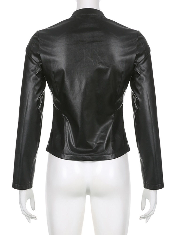 الصورة المصغرة: Sweetown Black Moto & Biker Style Faux Leather Coats For Women Zip Up Striped S