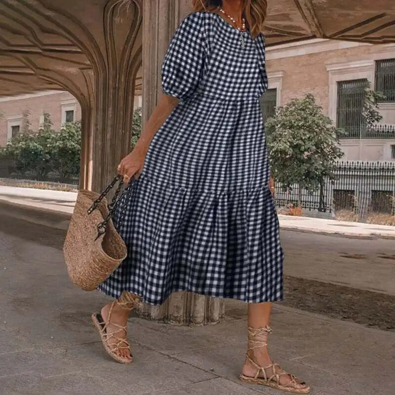Thumbnail: Plaid Floral Plus Size Long Dress for Women 2023 Summer Dresses Casual Short Sl