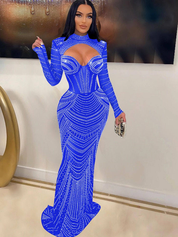 Thumbnail: Beyprern Beautiful Corset Crystal Long Maxi Dress Sparkle Cut-Out Black Rhinest