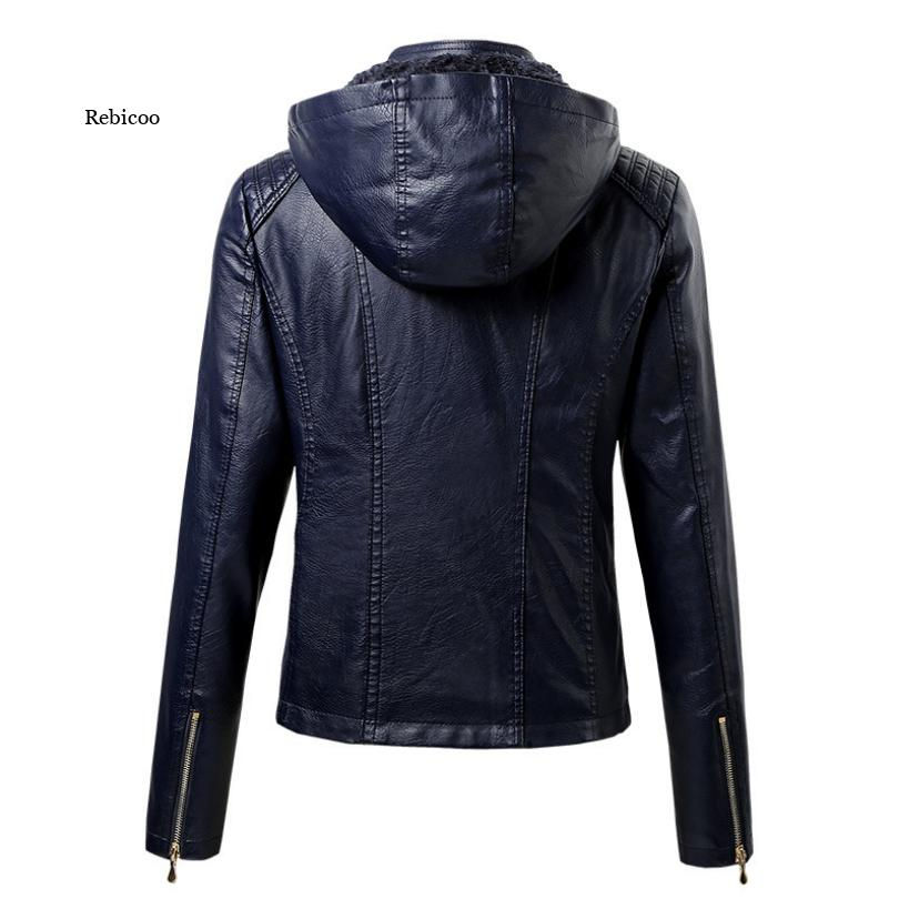 Thumbnail: New Faux Pu Leather Jackets Women Autumn Hooded Outerwear Pockets Zipper Coat S