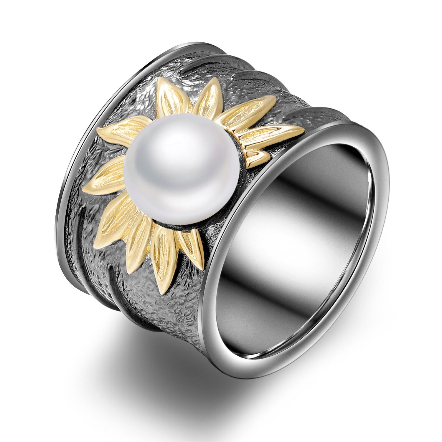 GEM'S BALLET Natural Freshwater Pearl Rings Vintage Sun flower Finger Ring For