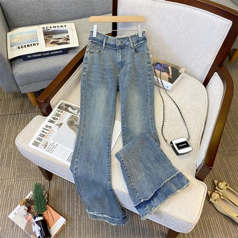 Thumbnail: Plus Size Flare Length Pants Women's Denim Trousers Autumn Winter 2023 Loose Wa