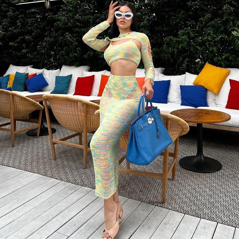 Μικρογραφία: Echoine Colorful Hollow Out Knit Skirt 3 Piece Set Sweater Spaghetti Crop Top L