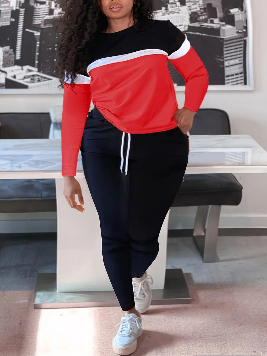 Thumbnail: LW Plus Size Striped Patchwork Drawstring Sets Sporty O-Neck Long Sleeve Top &