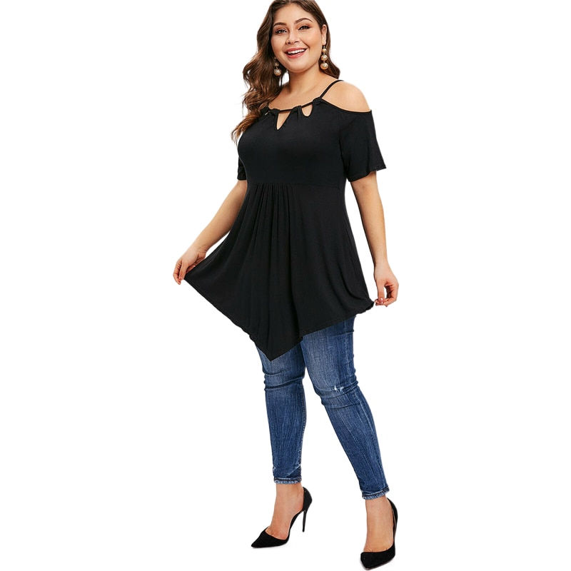 Imej kecil: Loose Women Plus Size Tunic Tops Street Wear Off Shoulder Hollow Out Irregular