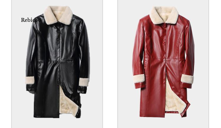 Miniatură: Winter Woman PU Leather Coats Mid-length Lapel Plus Fleece Thicken Coats and Ja