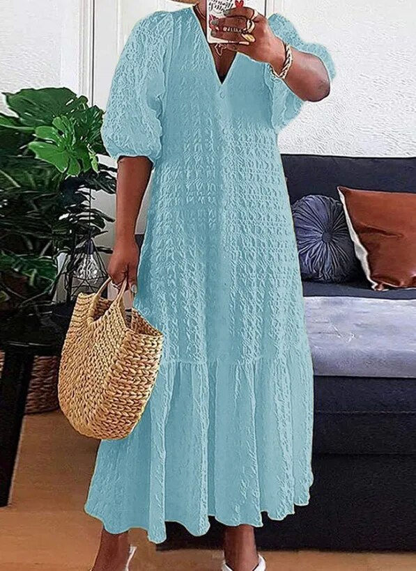 Plus Size Women Shirt Dress 2023 Summer Sexy V Neck Buttons Half Sleeve Long Ma