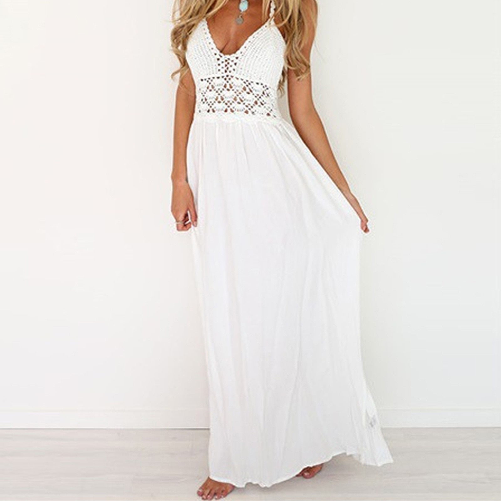 Sleeveless Backless Bohemian Maxi Dresses Women 2023 Summer Loose Elegant Cute