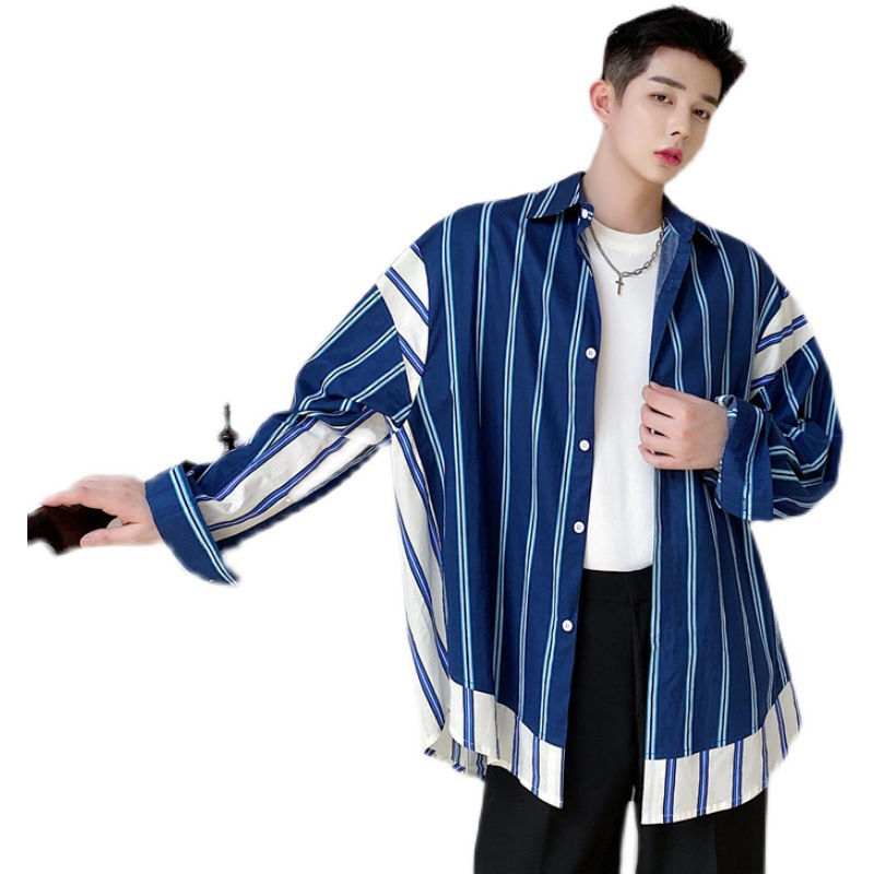 섬네일: Fashion Irregular Color Contrast Stripe Coat