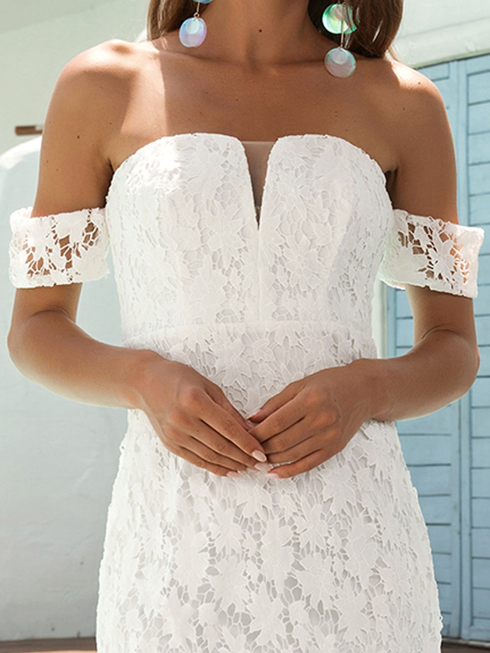 Thumbnail: Angel-fashions Women Off Shoulder Guipure Lace White Bridesmaid Short