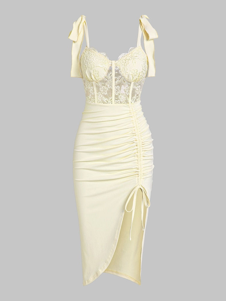 Thumbnail: ZAFUL Women's Dress Sexy Tie Shoulder Floral Lace Insert Cinched Ruched Split C