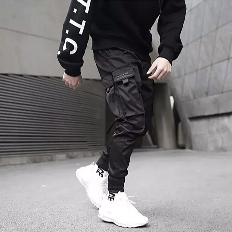 Thumbnail: Men Ribbons Color Block Black Pocket Cargo Pants Harem Joggers Harajuku