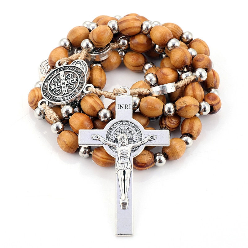 Thumbnail: Fashion Cross Pendant Necklaces For Men Women Wooden Beads Rosary Cross