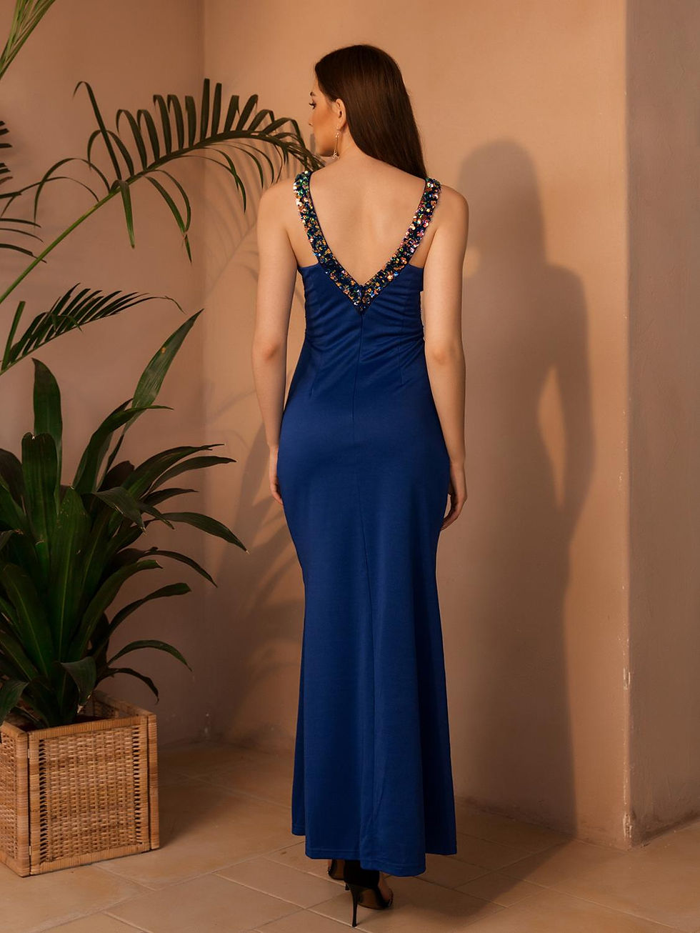 Thumbnail: Angel-fashions V Neck Sequined V Back Mermaid Long Prom Dress Blue 553