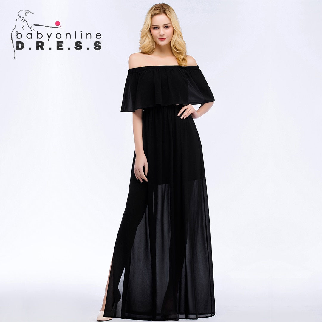 BABYONLINE Chiffon Prom Dress Off Shoulder Neckline Side Slit Long Maxi Skirt