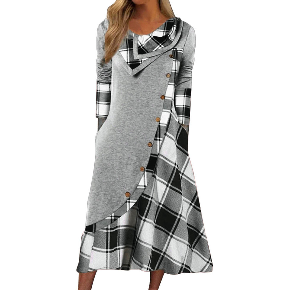 Thumbnail: Autumn Winter Dresses For Women 2022 Plaid Splice Long Sleeve Loose Dress