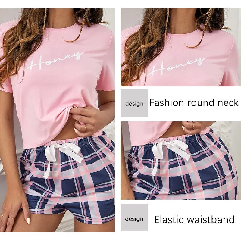 Thumbnail: Women Pajama Shorts Suit Print Girl New Spring And Summer Two Pieces High Quali