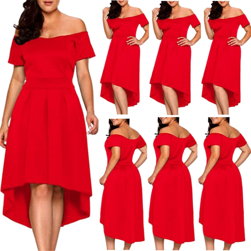 Thumbnail: Summer Plus Size Dresses Slash Neck High Low Cocktail Party Dresses Lady Pullov