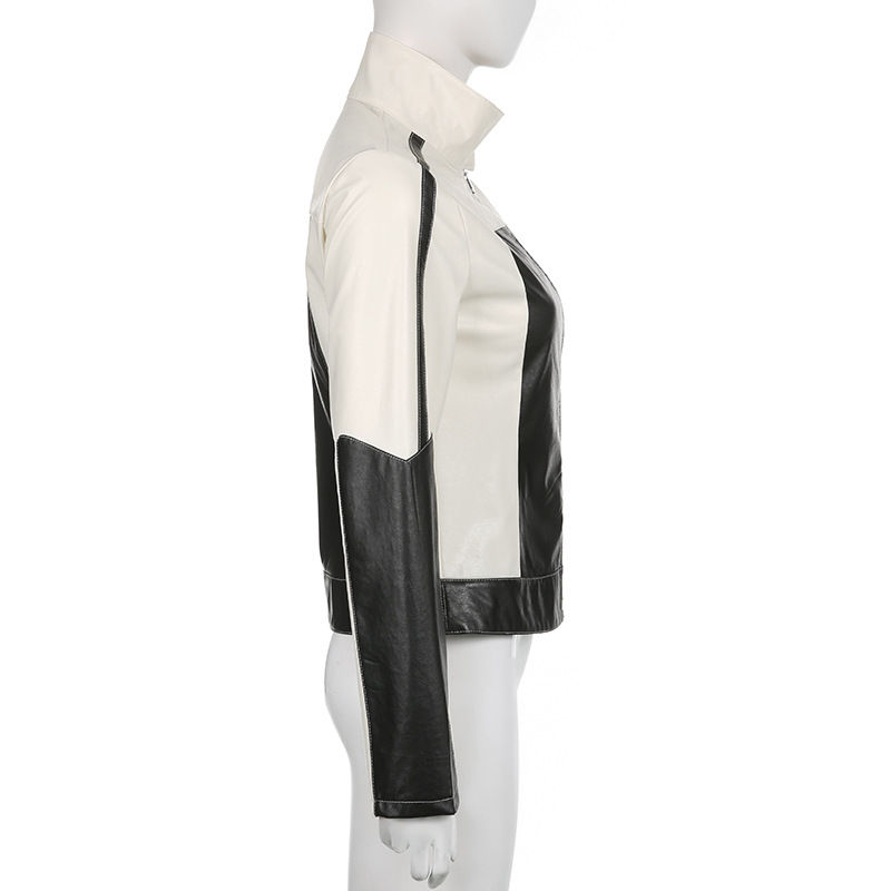 תמונה ממוזערת: Patchwork Leather Jacket Slim Collared Casual