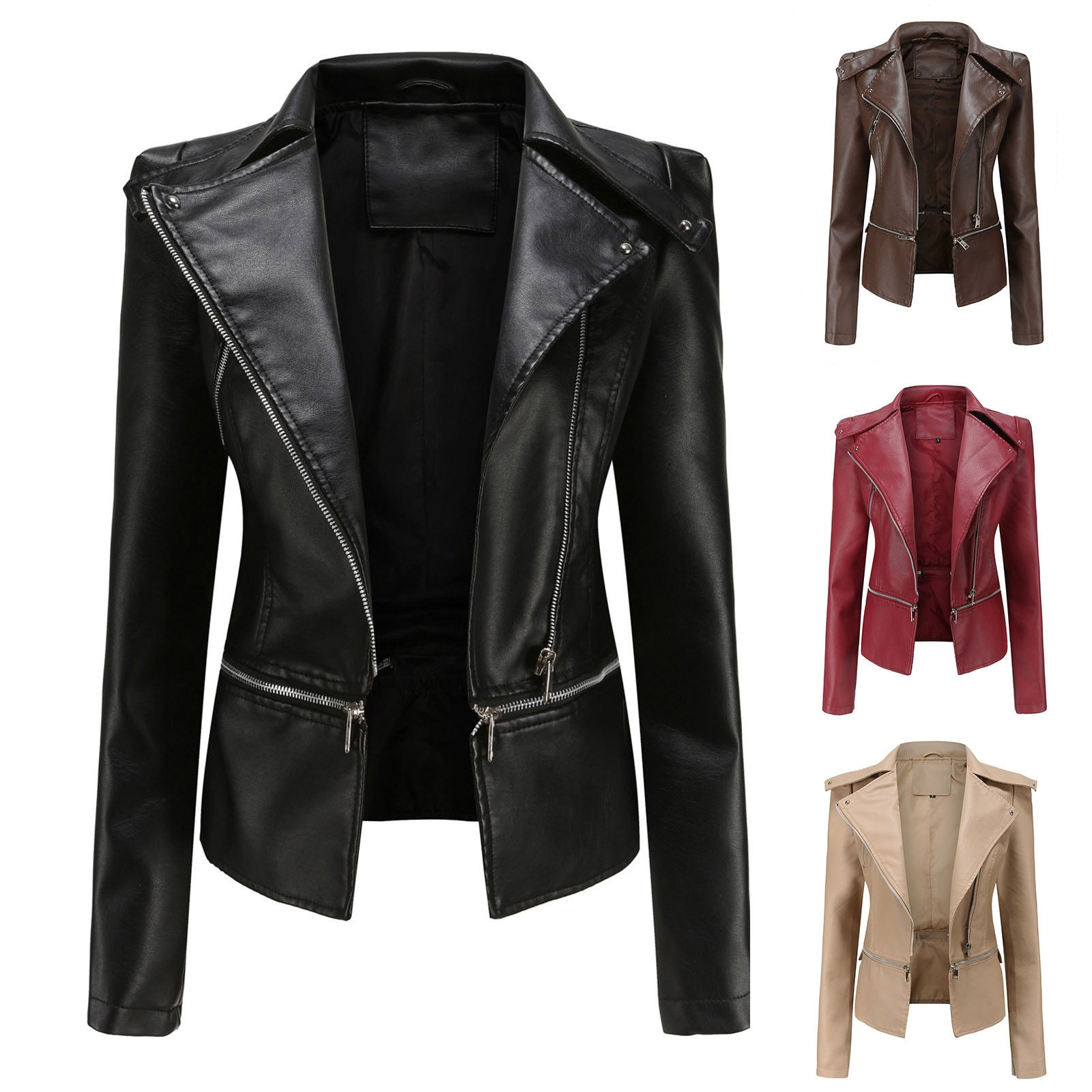 Jackets For Women Plus Size Faux Leather Jacket Long Sleeve Zipper Fitted Coats