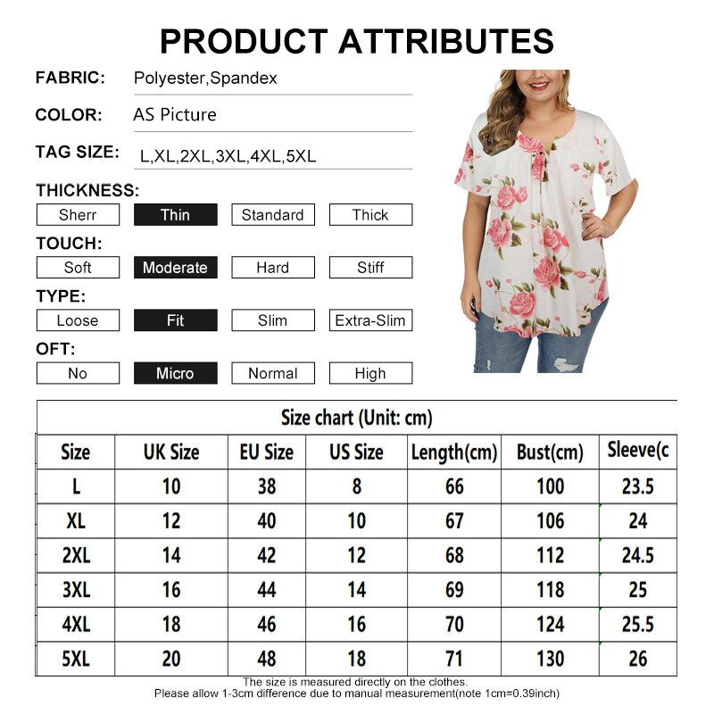 Thumbnail: 2022 Fashion Women Plus Size Floral Print Tunic Tops Buttoned Pleated Short Sle