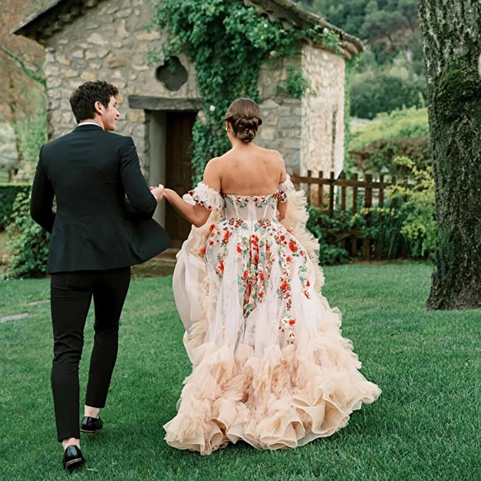 Thumbnail: Fairy Colorful Embrioiderey Puffy Mesh Wedding Dress Off Shoulders Sweetheart O