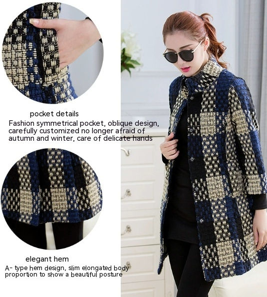 Thumbnail: Woolen New Slim-fit Mid-length 34 Sleeve Stand Collar Thick Flower Woolen Coat