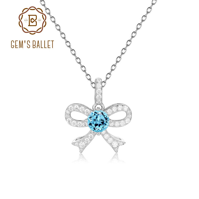 Thumbnail: GEM'S BALLET Dainty Delicate Ribbon Bow Tie Necklace 5mm Round Swiss Blue