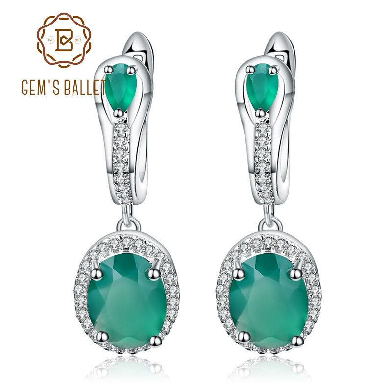 Thumbnail: Gem's Ballet 5.15Ct Natural Green Agate Vintage Earrings 925 Sterling Silver Ge