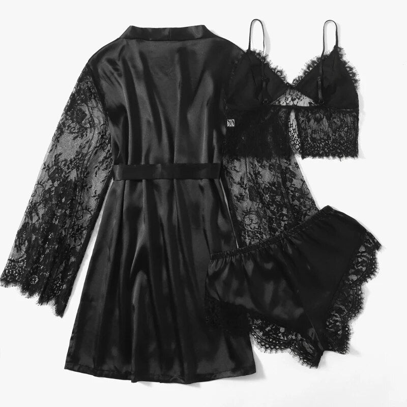 Thumbnail: Cute Nightgown Lingerie Black Lace Patchwork Nightdress Women Silk Kimono Linge