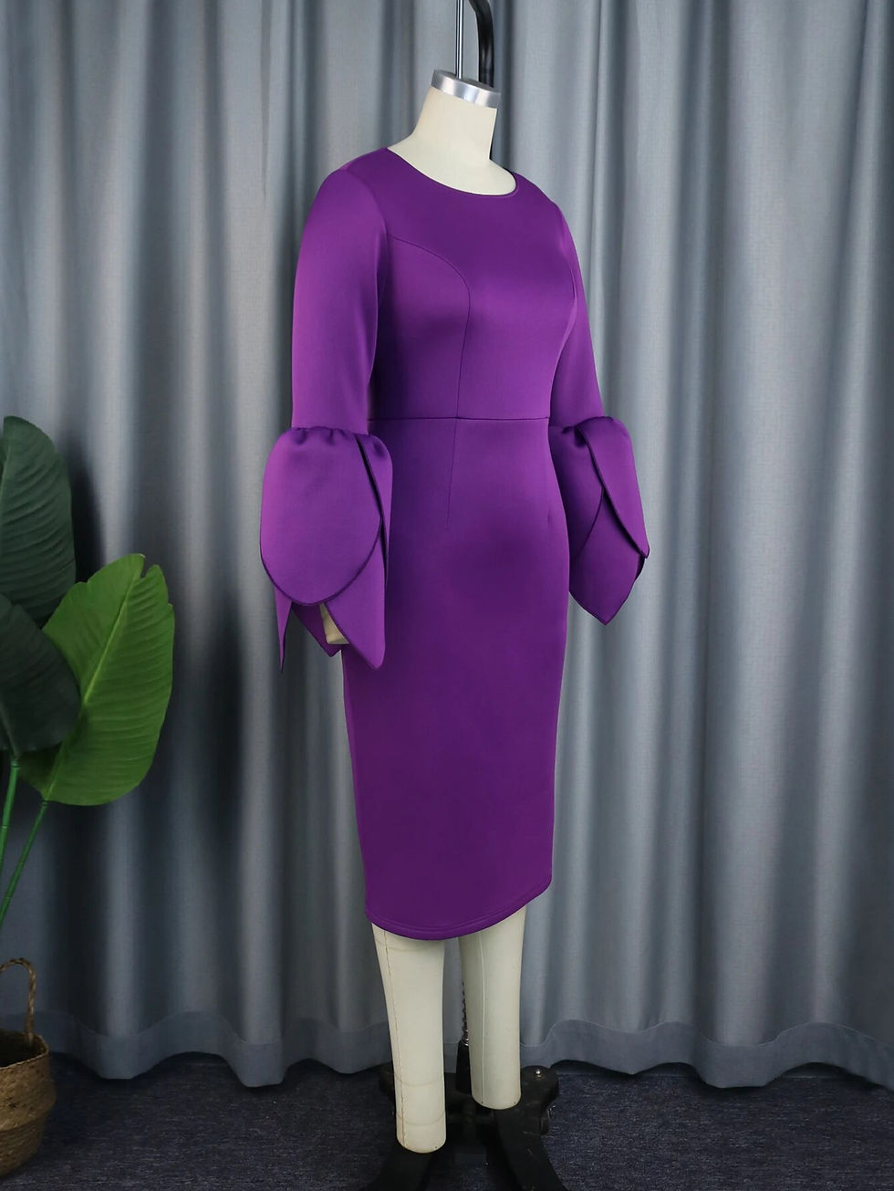 Thumbnail: Purple Midi Dresses for Women Plus Size O Neck Long Ruffles Sleeve Elegant Form