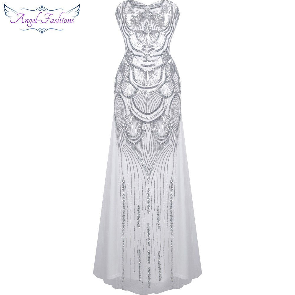 Angel-fashions Strapless Sequined A-line Tulle Lace up Long Evening Dresses