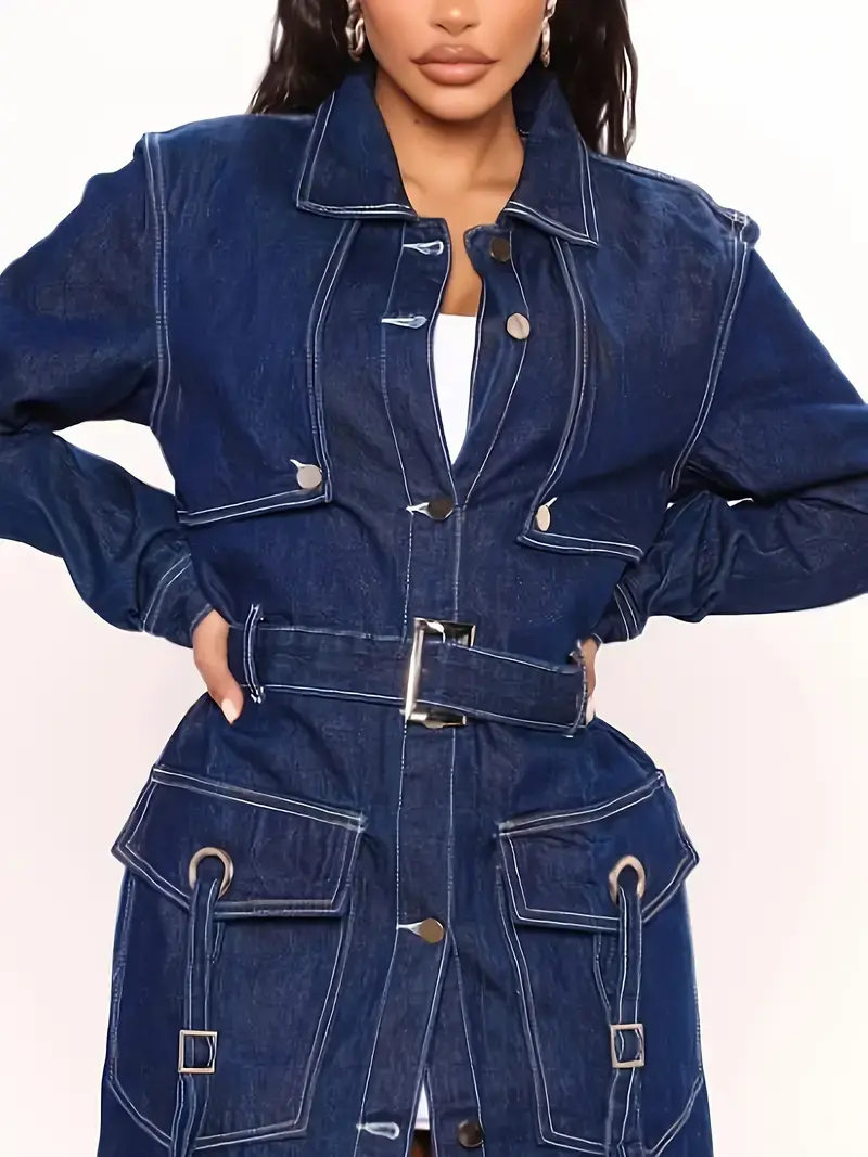 Miniatura: Women's Blue Denim Trench Coat - Elegant Long Jean Jacket with Belt, Flap Pocke