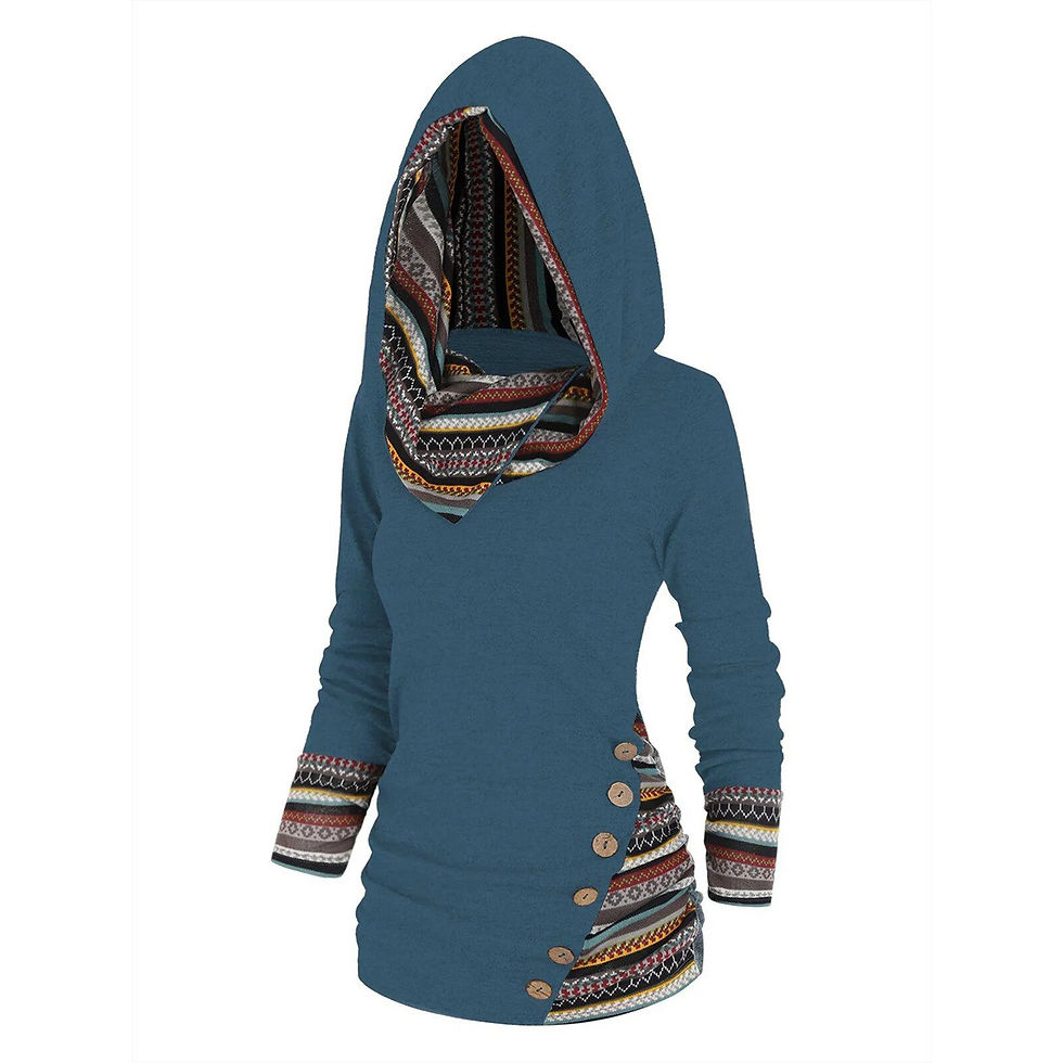 Thumbnail: Plus Size Geometric Stripe Panel Hooded Top Long Sleeve Button Top Pullover Top