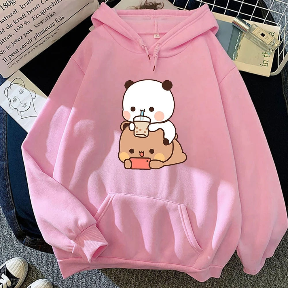 Bubu And Dudu Drink Bubble Tea Print Women Hoodie Kawaii Female Sweatshirt Hara