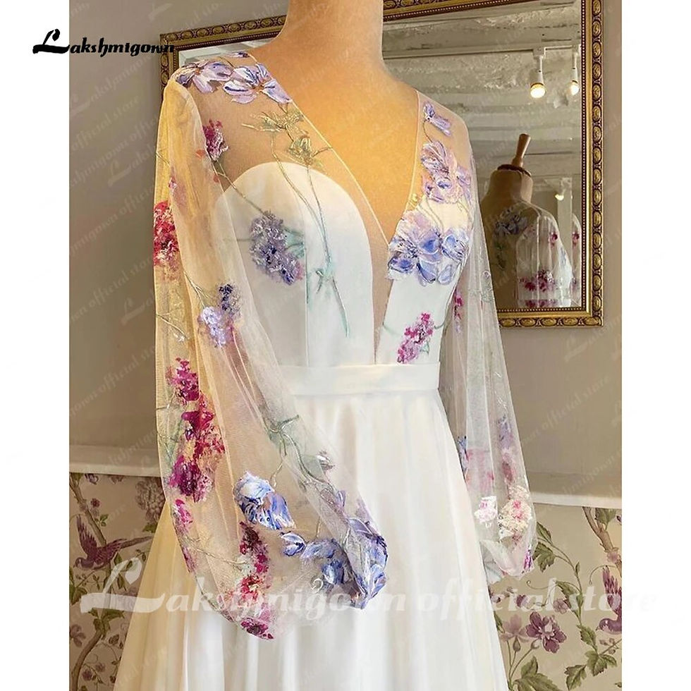 縮圖：Lakshmigown Deep V Slit Floral Lace Wedding Gowns For Women 2023 Vestidos Puffy