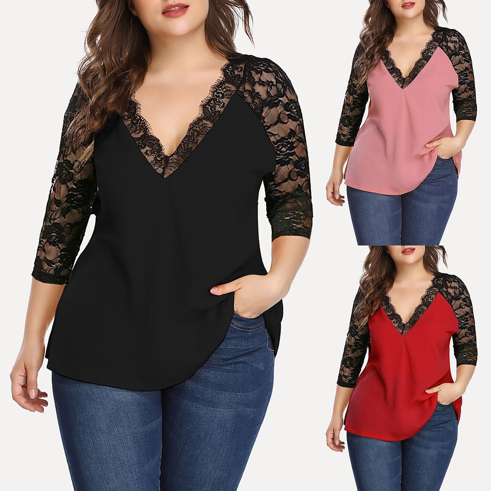 Miniatură: Plus Size Lace Blouse Women Summer Autumn Casual Long Sleeve V-Neck Lace Patchw